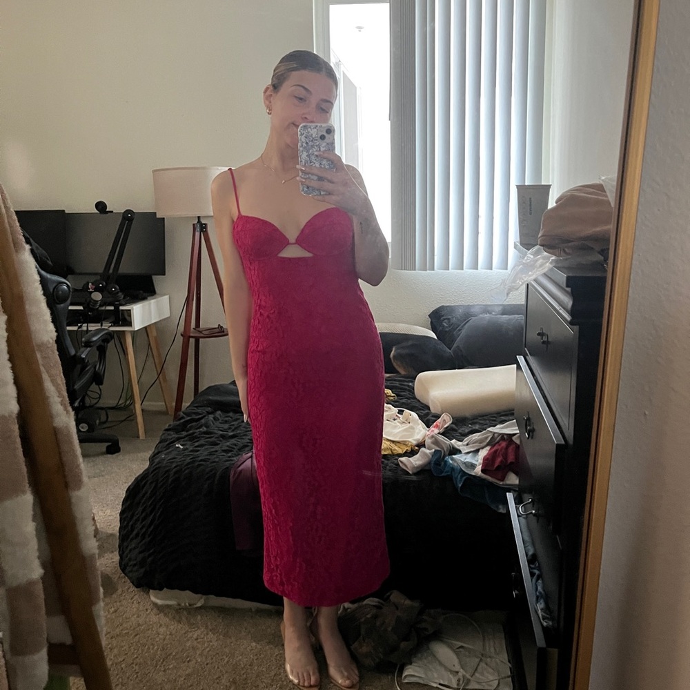 Bardot Pink Bodycon Midi Dress Spaghetti Strap Sweetheart